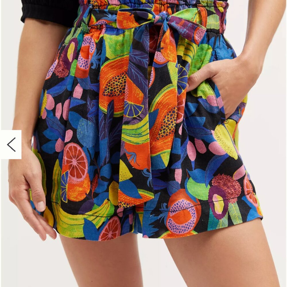 Anthropologie Black High-Waist Tropical Fruit Print Shorts